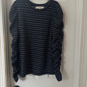 LOFT Navy and White Ruched Sleeve Blouse